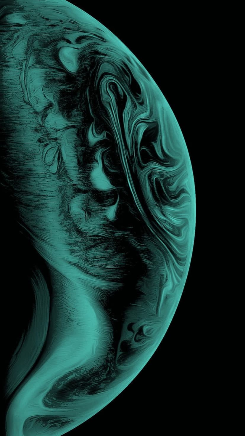 Teal fluid waves and spiraling cyan ribbons flow gracefully against a deep black textured background.