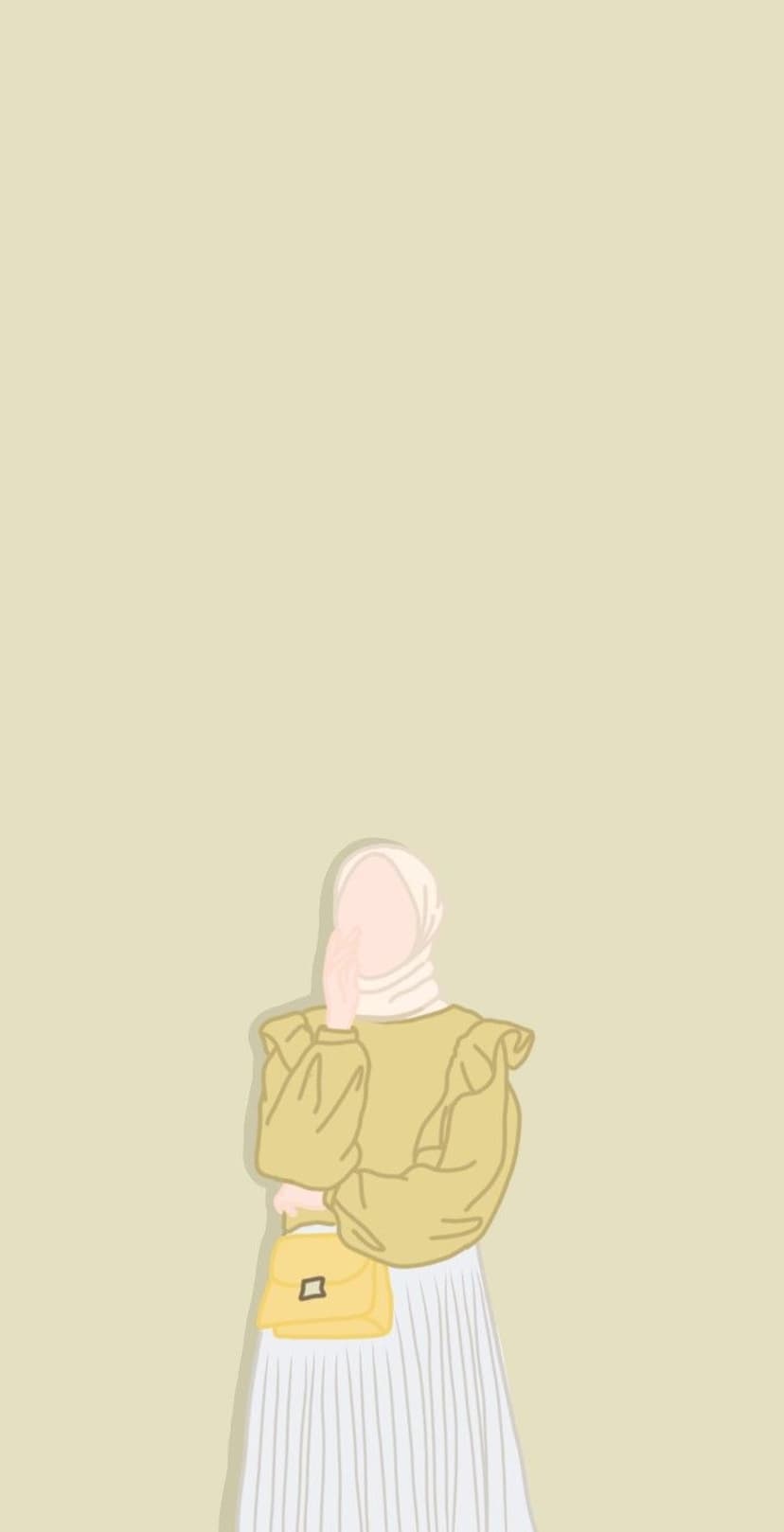 Woman wearing a yellow ruffled top, white pleated skirt, and hijab holds a small yellow purse against a soft backdrop.