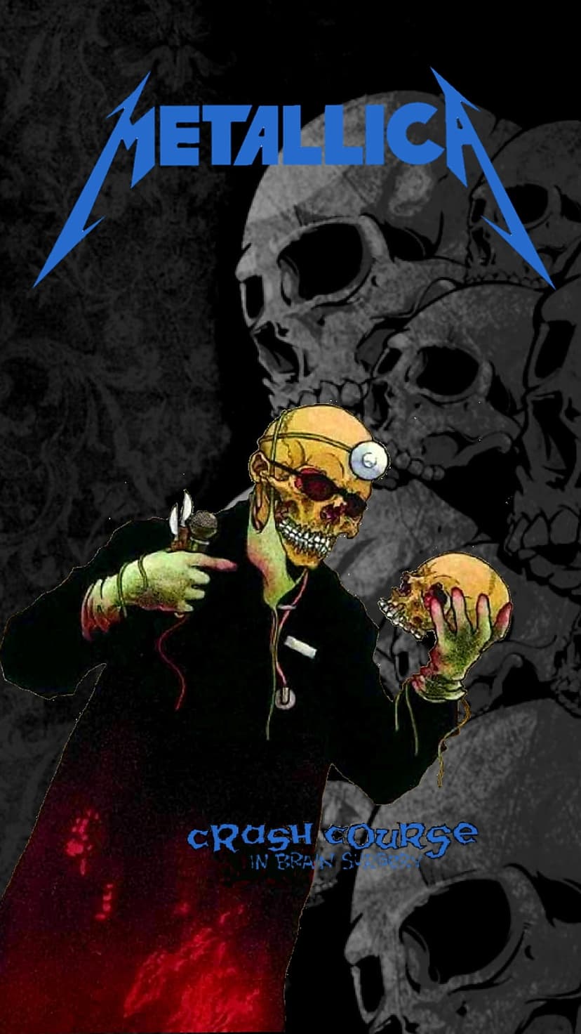 Skeletal doctor holding surgical tools over a skull with a blue Metallica logo against dark silhouettes.