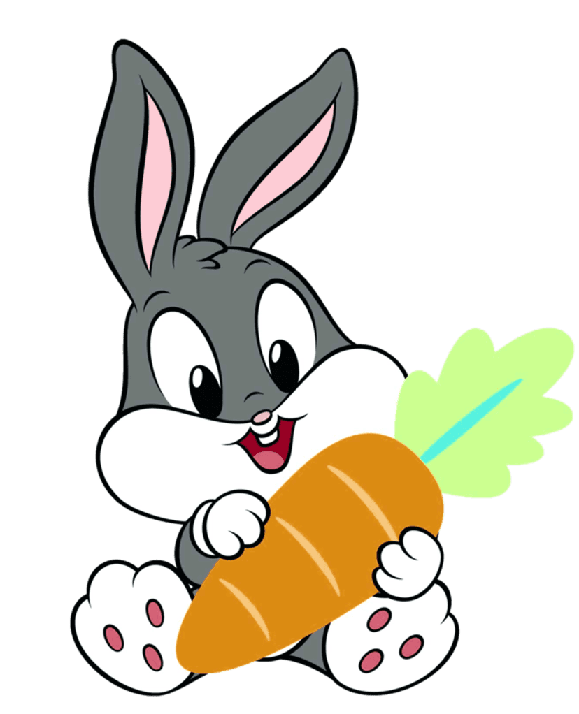 Baby Bugs Bunny with large ears and a wide-eyed expression holds a carrot against a light grey background.