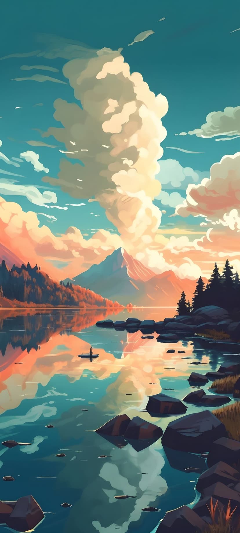 A small rowboat floats on a still lake reflecting purple mountains and an orange sunset sky in an anime style.