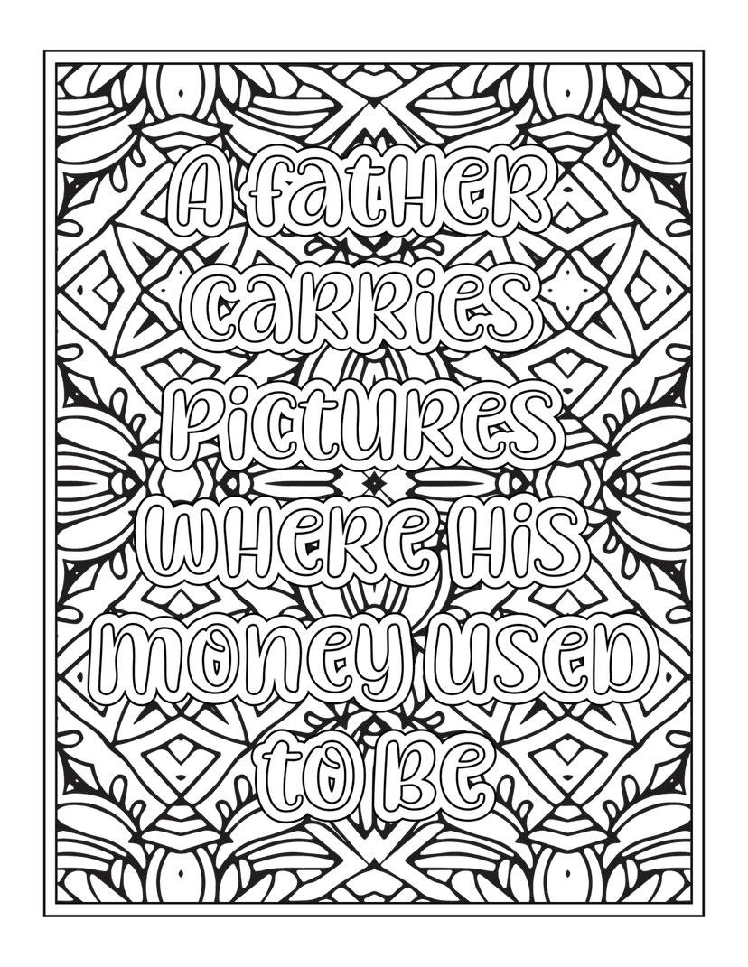 Fatherhood quote typography displays bold white outlined text over a dark gray repeating geometric pattern.