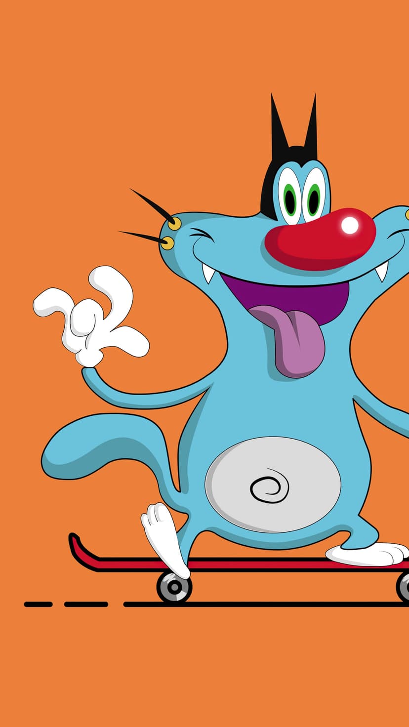 Oggy the blue cat balances on a skateboard with his tongue out against a solid bright orange background.