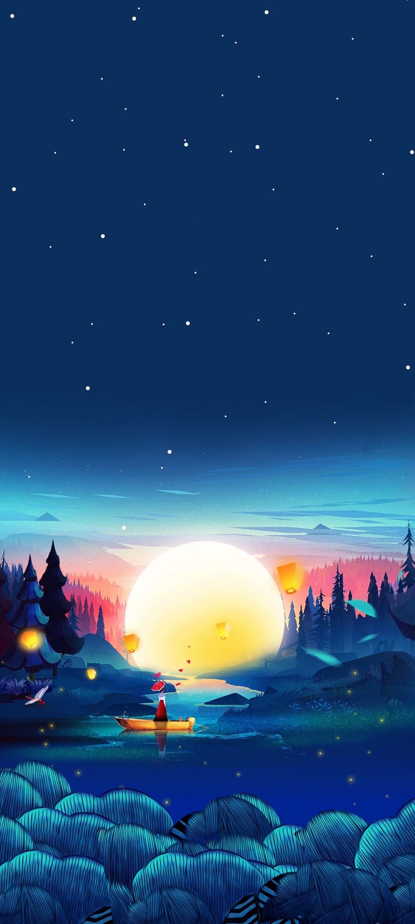 A lone figure in a small boat floats on a lake under a massive moon and glowing lanterns with blue forest plants.