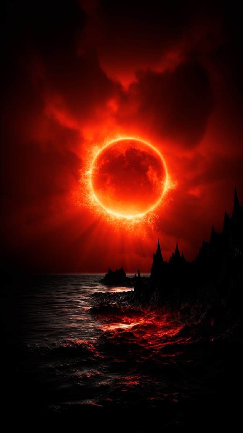 A glowing solar eclipse illuminates a dark volcanic shoreline with jagged rock silhouettes and crimson ocean waves.