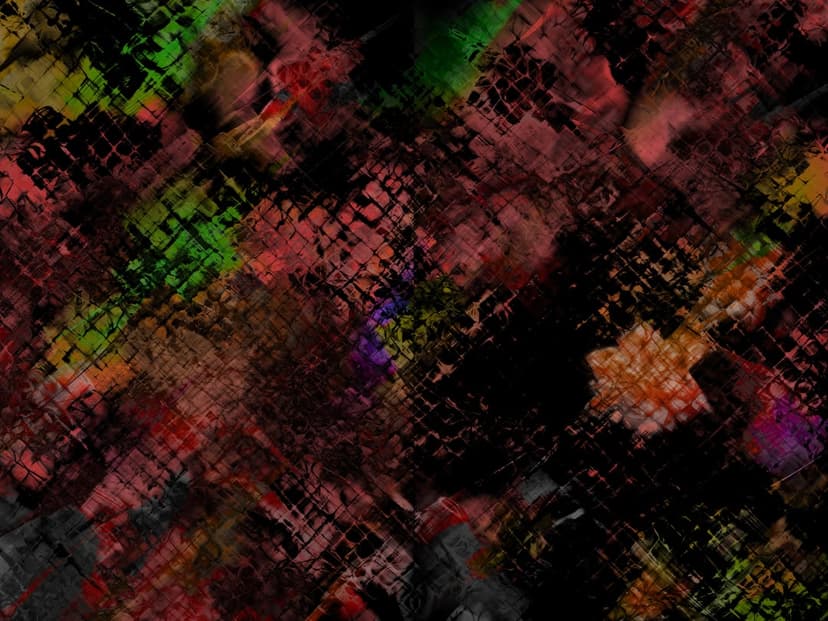 Dark cross-hatched patterns overlap vibrant red and green snake skin textures in a gritty vertical composition.
