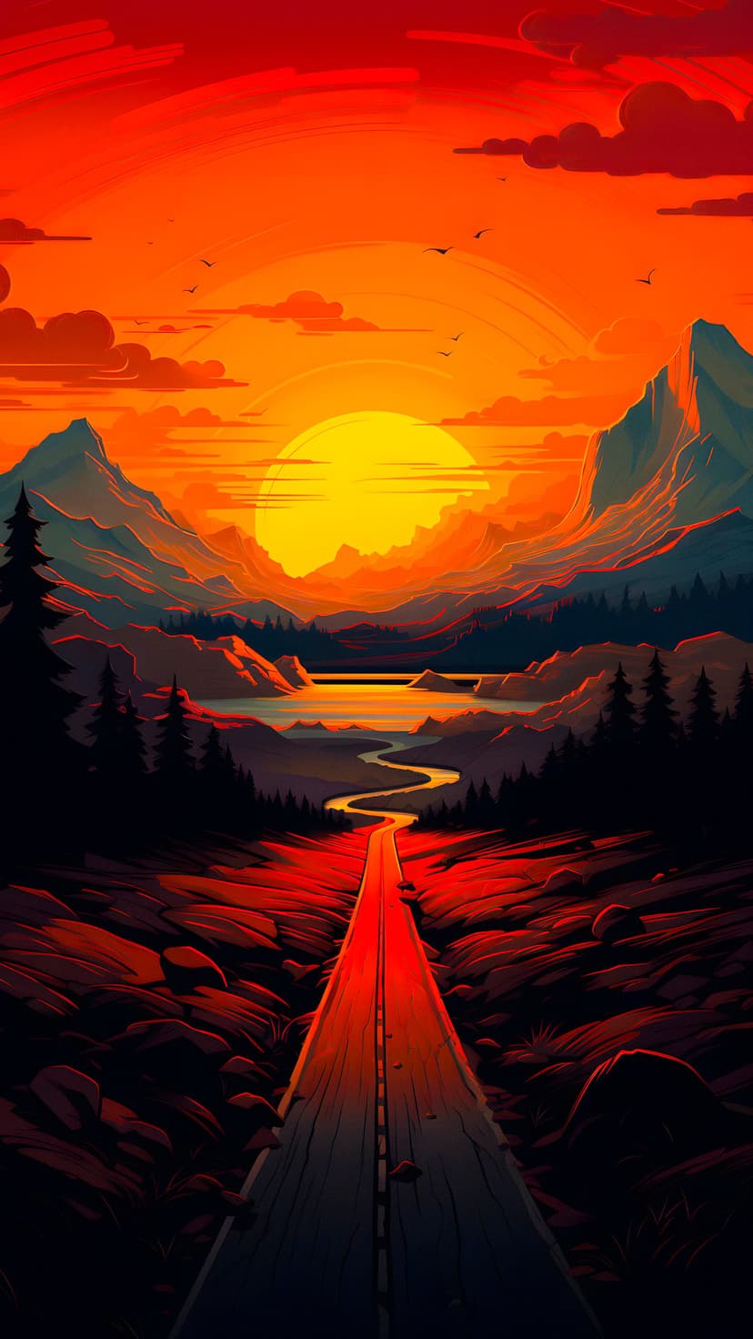 Winding mountain road curves through dark pine forests under a burning orange and red sunset sky with a river.