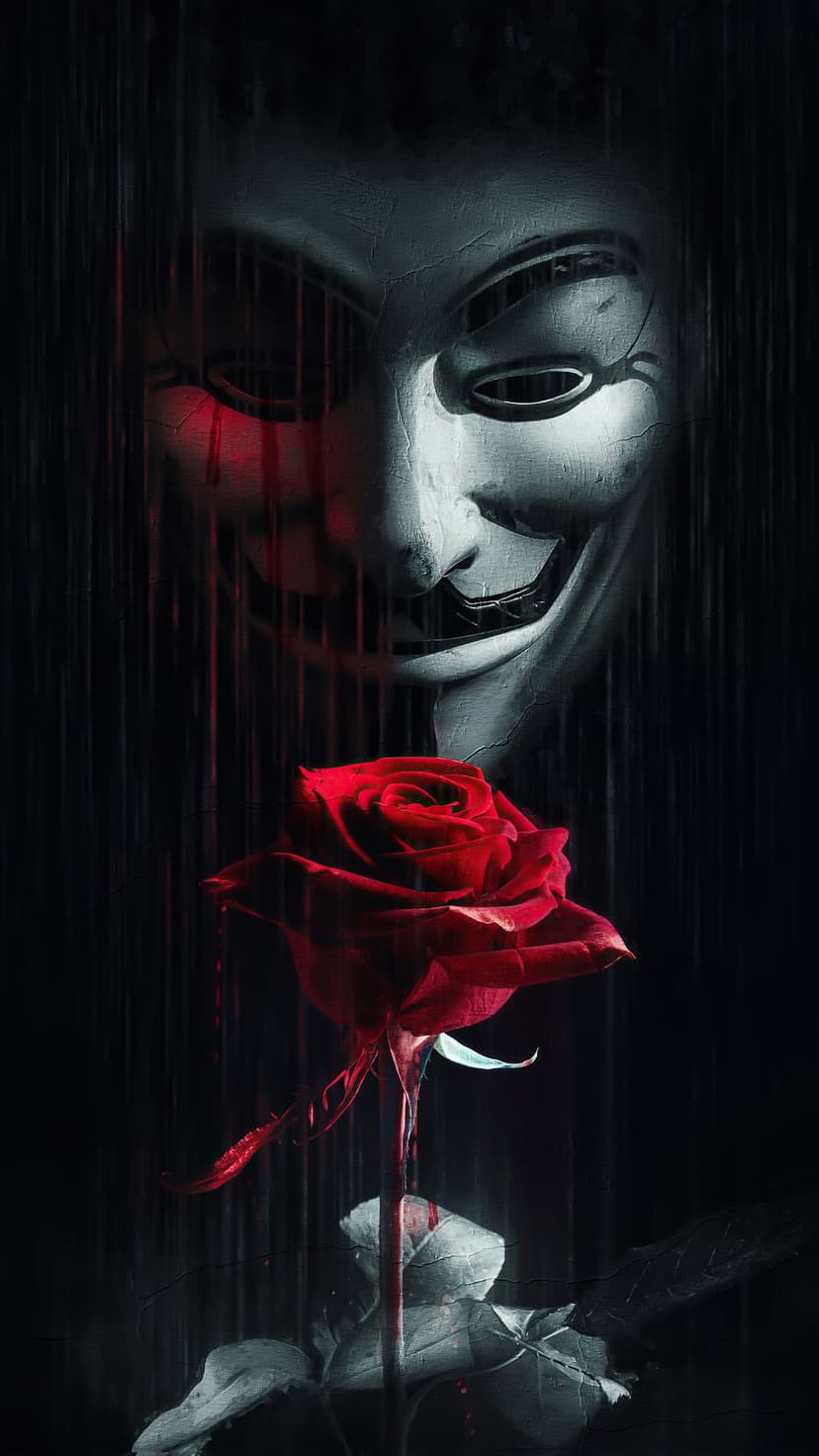 Cracked Guy Fawkes mask with a glowing red eye above a dripping crimson rose on a dark textured background.