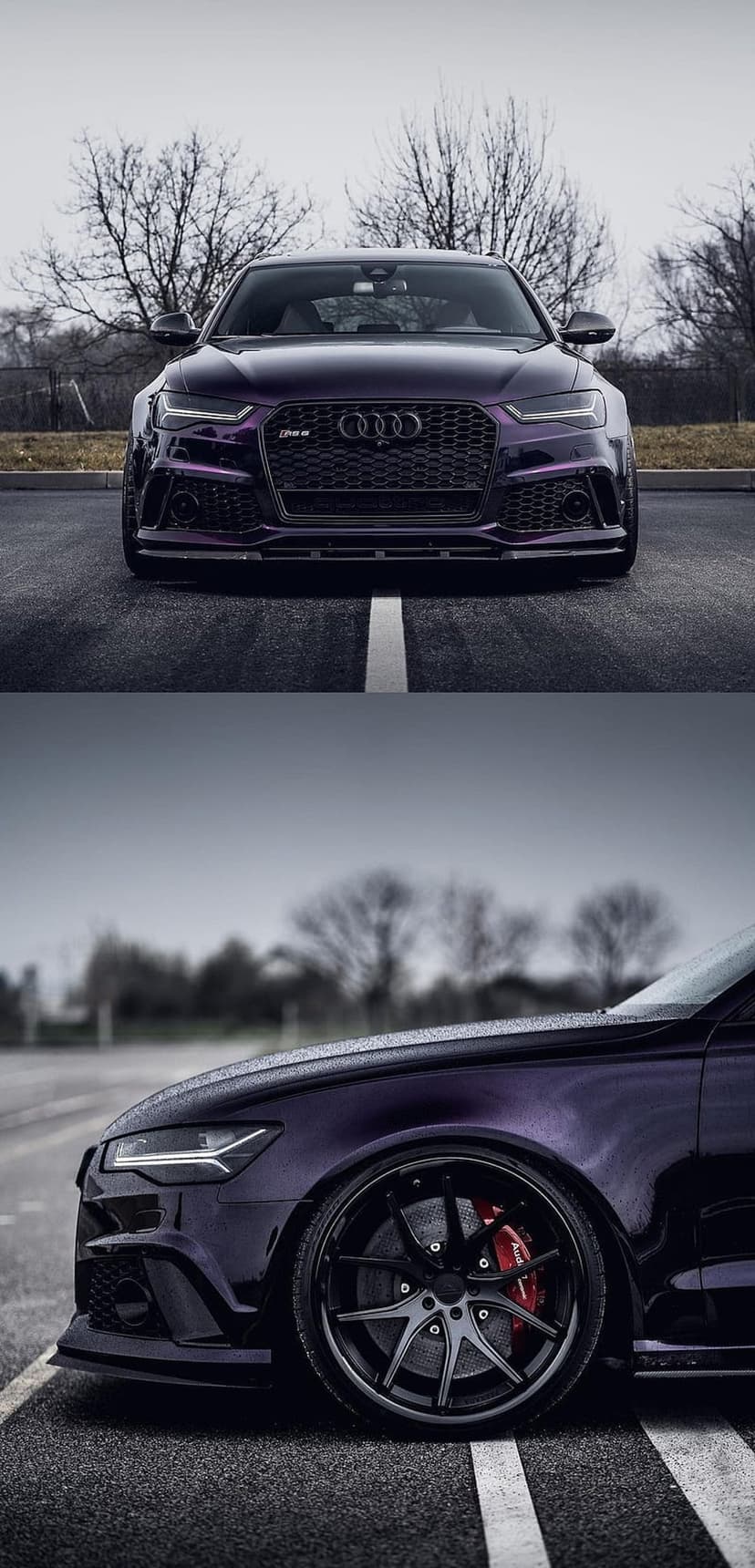 Purple Audi RS6 Avant in a split-frame view showing the front grille and side profile with red brake calipers.