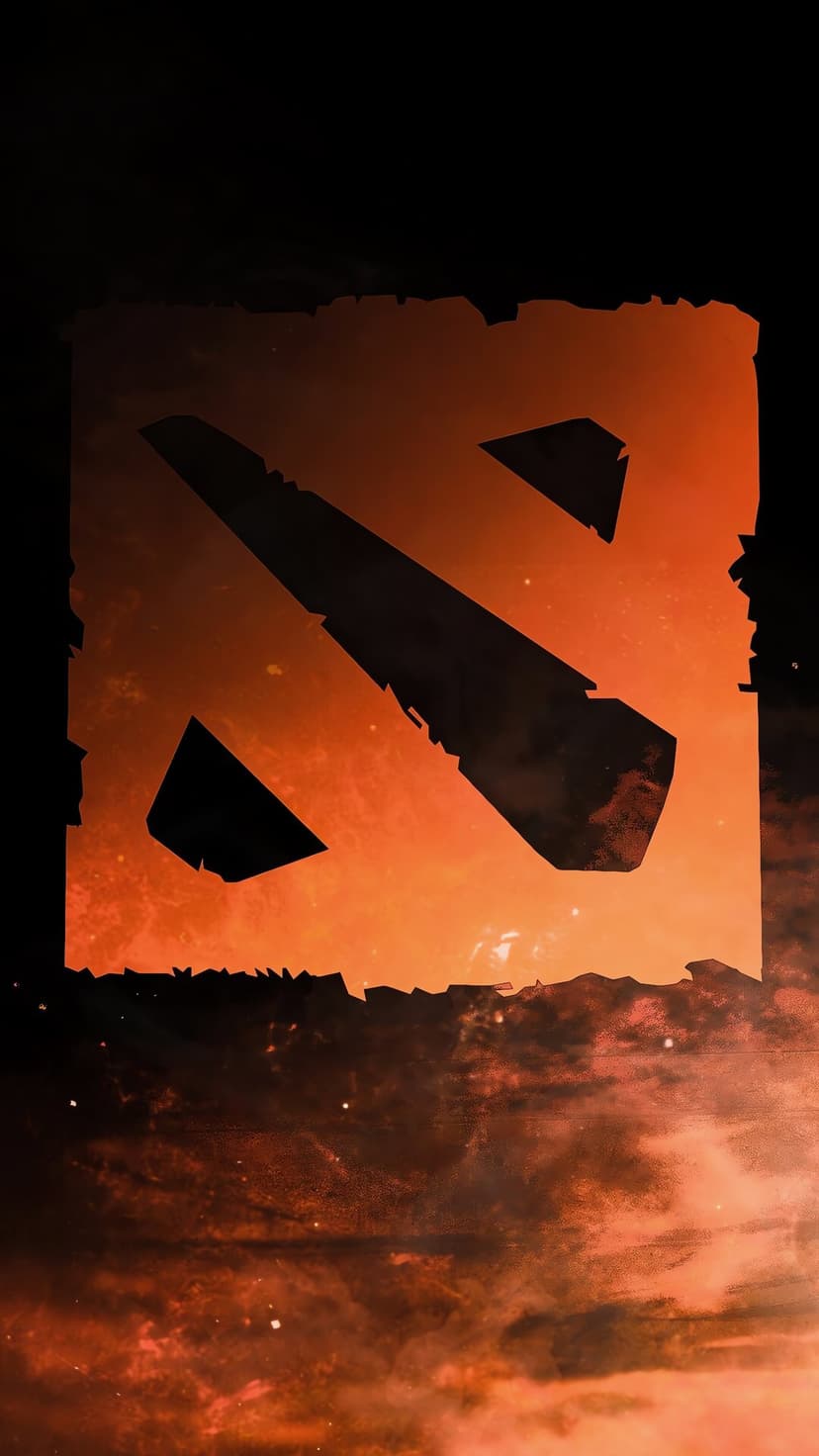 Stone-textured Dota 2 logo centered over a glowing orange and black fiery background with smoke effects.