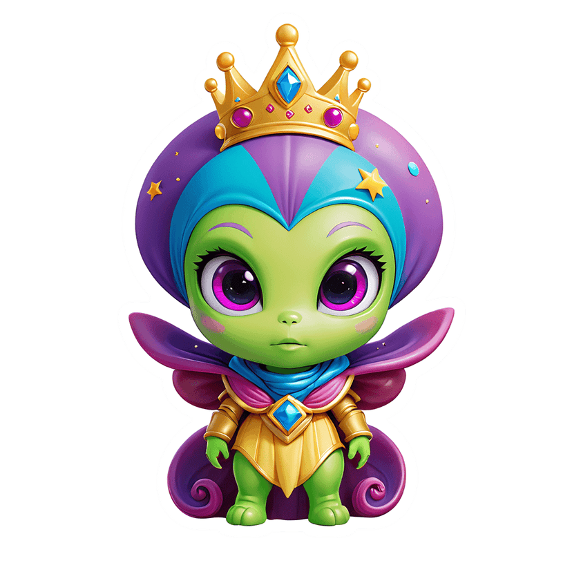 Chibi alien character wearing a gold crown and purple hood features large violet eyes and metallic armor.