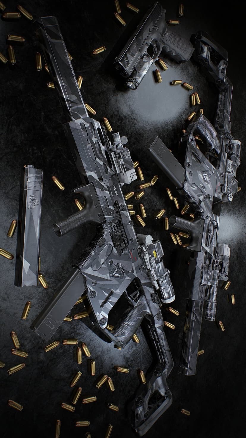 Two grey camouflage tactical firearms surrounded by brass ammunition cartridges on a dark textured surface.