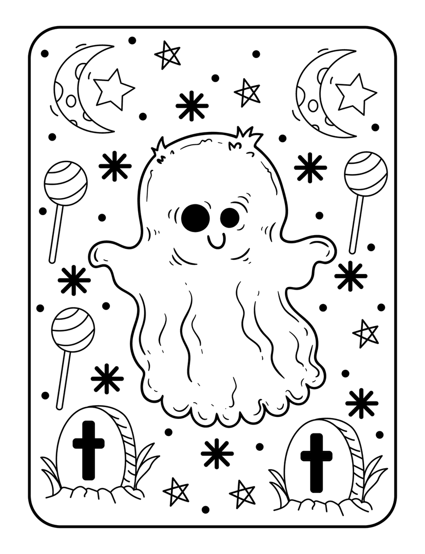 Halloween ghost coloring page featuring a smiling spirit, crescent moon, stars, and tombstones in line art.