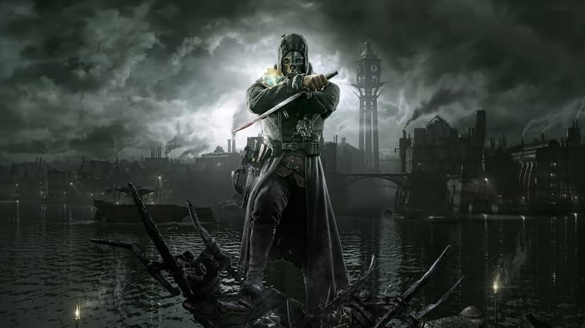 Masked assassin holding a bloody blade in front of a foggy steampunk city with a tall clock tower.
