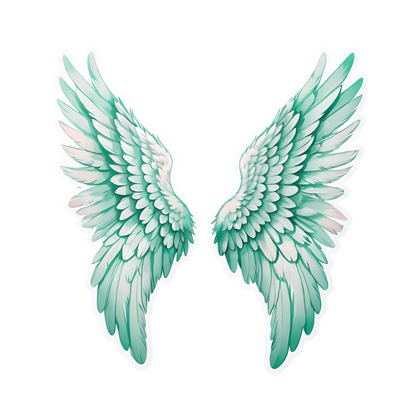 Teal angel wings sticker with mint green gradient feathers and a white outline on a transparent background.