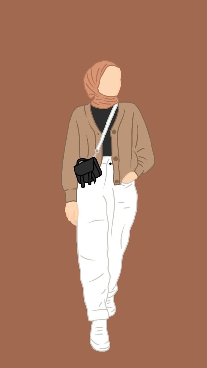 Woman in a hijab and brown cardigan walks forward wearing white pants and sneakers against a tan background.