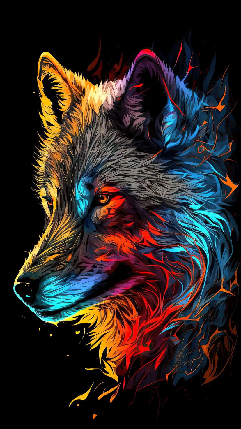 Wolf profile with painterly strokes of neon orange and deep blue fur against a solid black background.