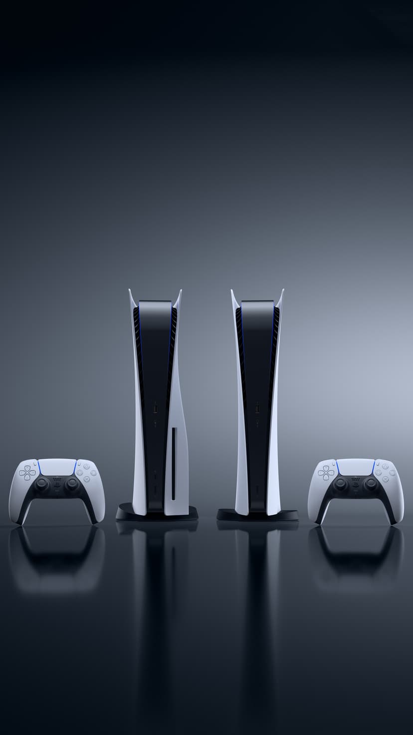 PlayStation 5 consoles and DualSense controllers stand on a dark reflective surface with glowing blue LED accents.