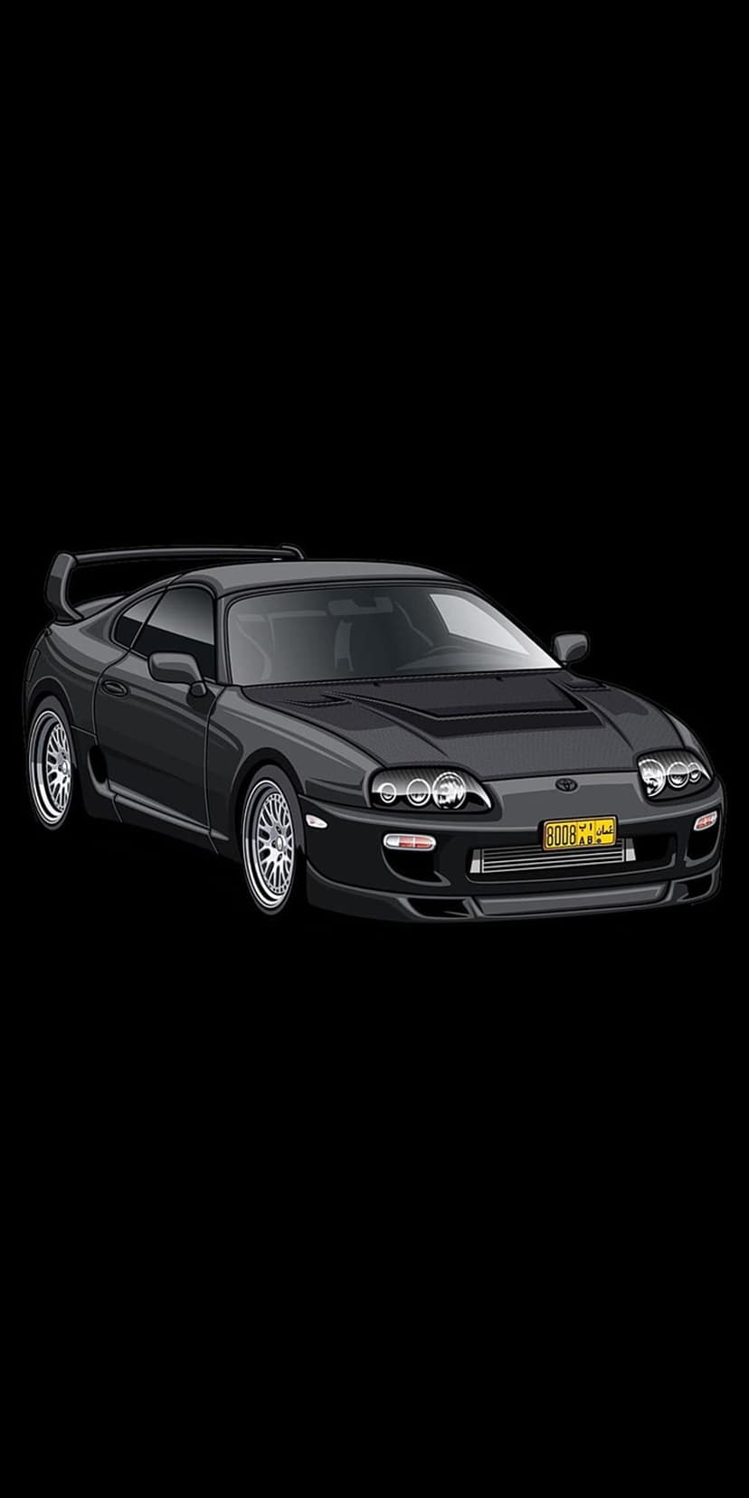 Black Toyota Supra sports car with sleek aerodynamic lines and a rear spoiler against a solid dark background.