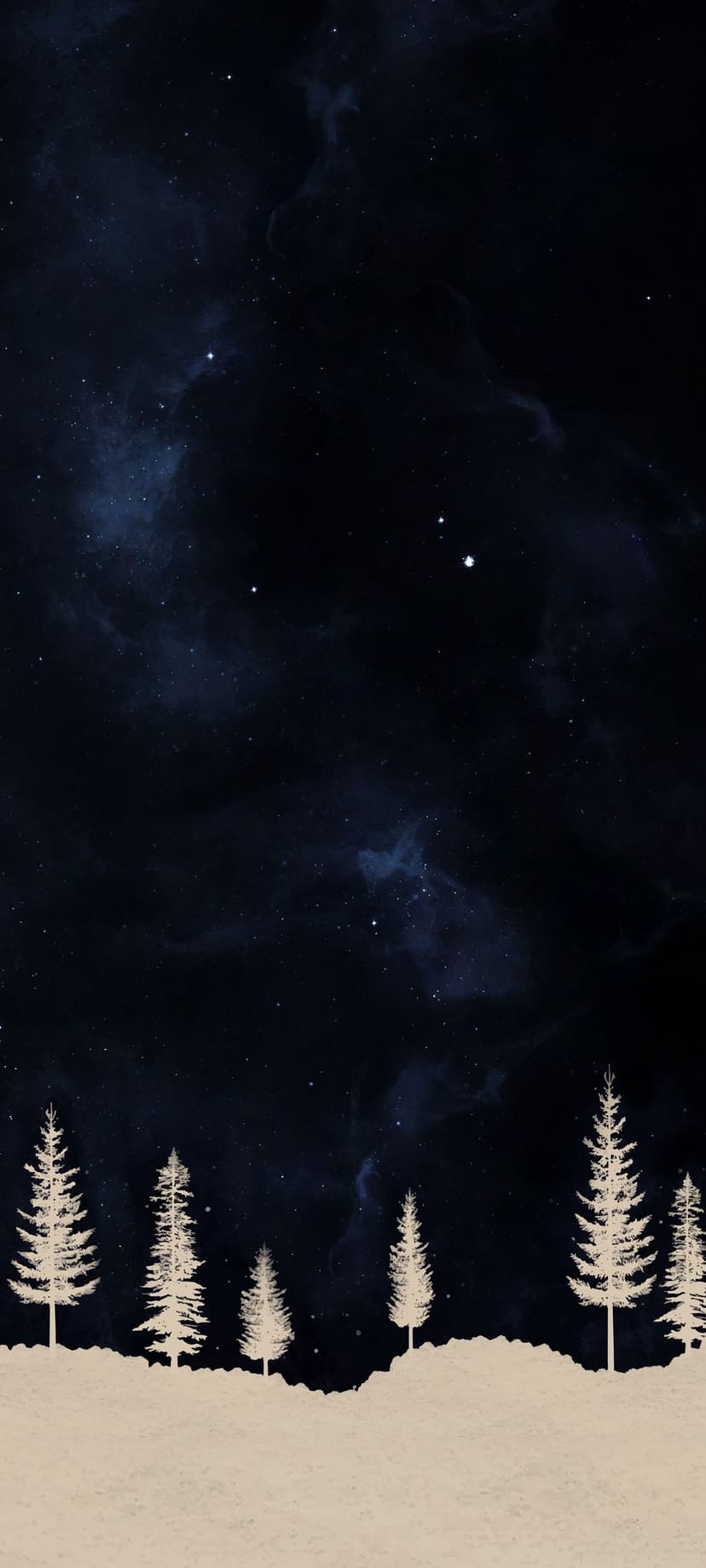 Pine tree silhouettes stand on snowy ground beneath a deep blue sky filled with stars and faint nebula clouds.