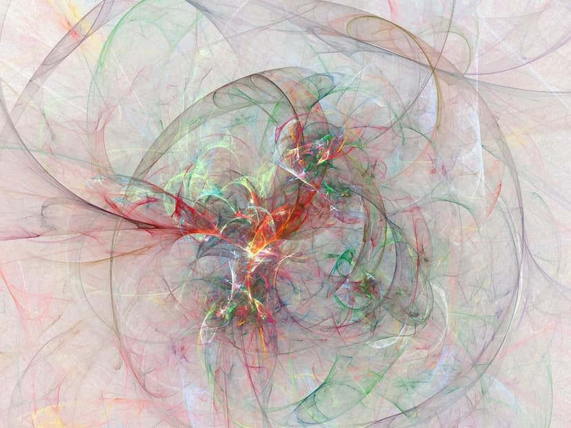 Luminous red and green fractal tendrils spiral through a dark space with intricate white light highlights.