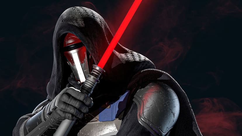 Sith Lord in a dark hood holding a red lightsaber with a metallic mask against a red smoky dark background.