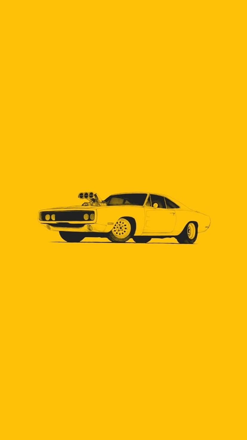 Black 1970 Dodge Charger R/T silhouette with a supercharger hood scoop against a solid bright yellow background.