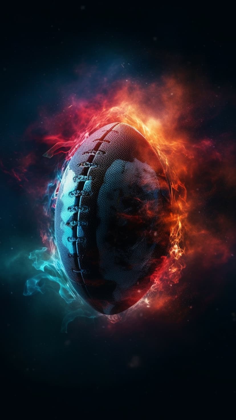 American football engulfed in orange flames against a dark blue cosmic nebula with glowing stars and energy.