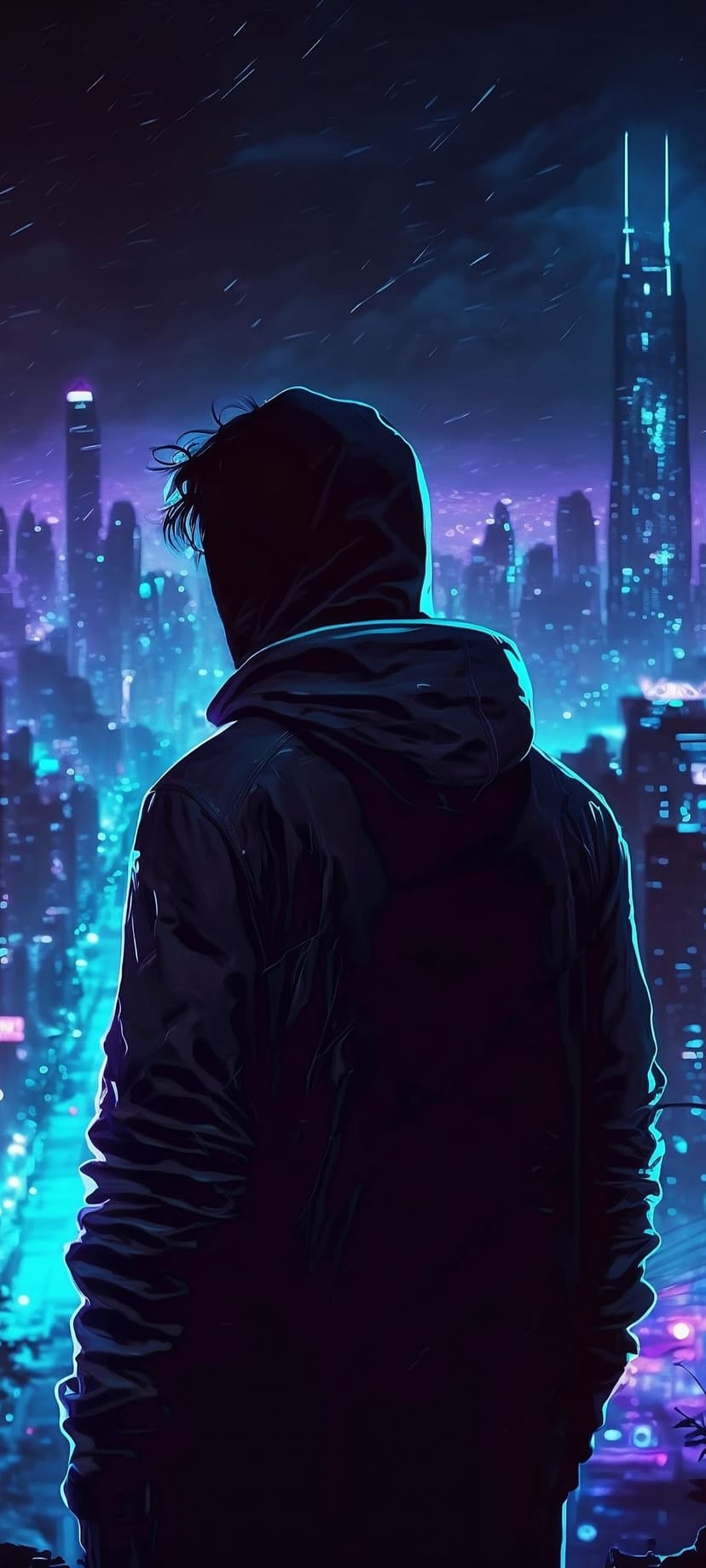 Hooded person standing before a neon-lit futuristic city with glowing skyscrapers and falling rain at night.