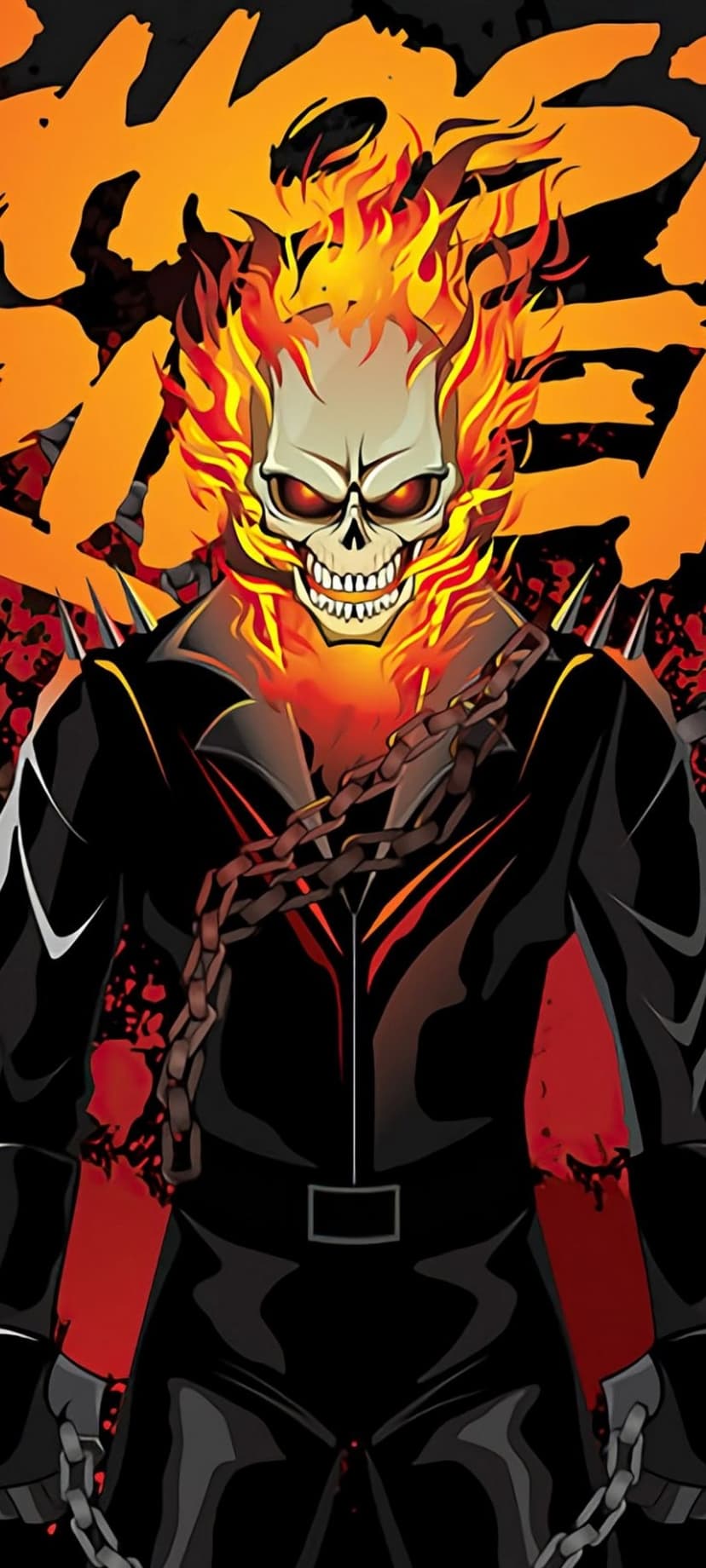 Ghost Rider's flaming skull surrounded by heavy iron chains against a dark orange and black abstract backdrop.
