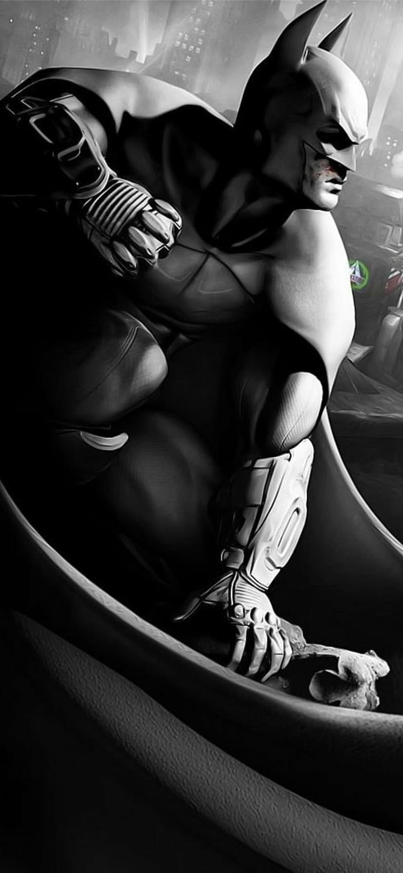 Batman in a crouched pose wearing armored gear against a dark city background in a high-contrast black and white style.