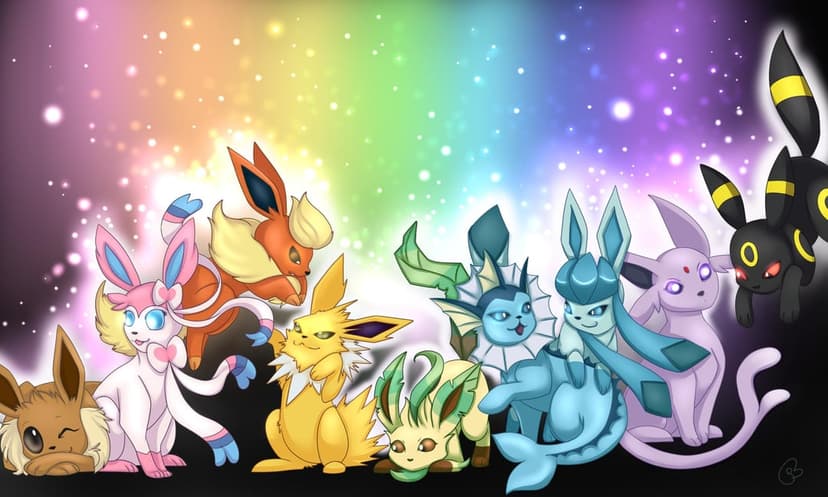 Eevee and its eight evolutions posed together in front of a colorful rainbow background with magical sparkles.
