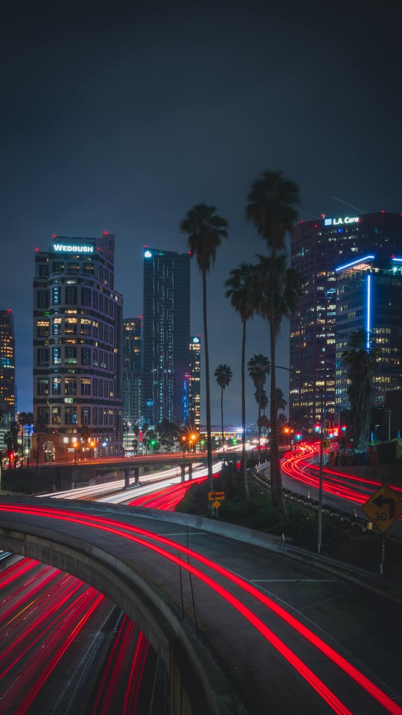 Red and white light trails of cars wind through Los Angeles highways lined with palm trees and skyscrapers.