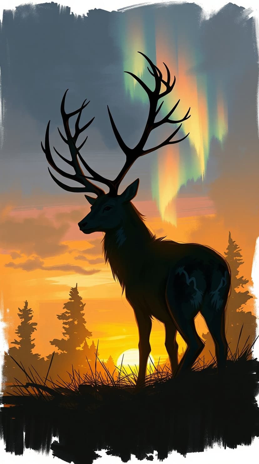 Majestic stag with large antlers silhouetted against a green aurora borealis and orange sunset sky with trees.