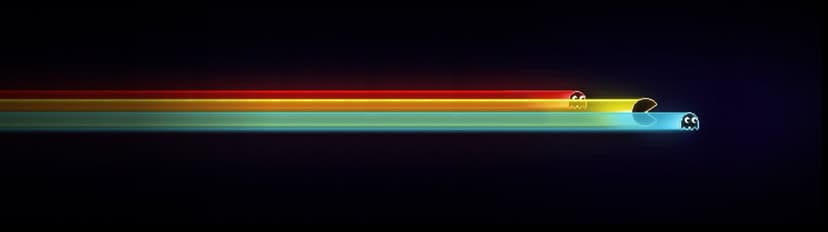 Glowing pixel art Pac-Man and ghosts with vibrant red, orange, and blue light trails on a black background.