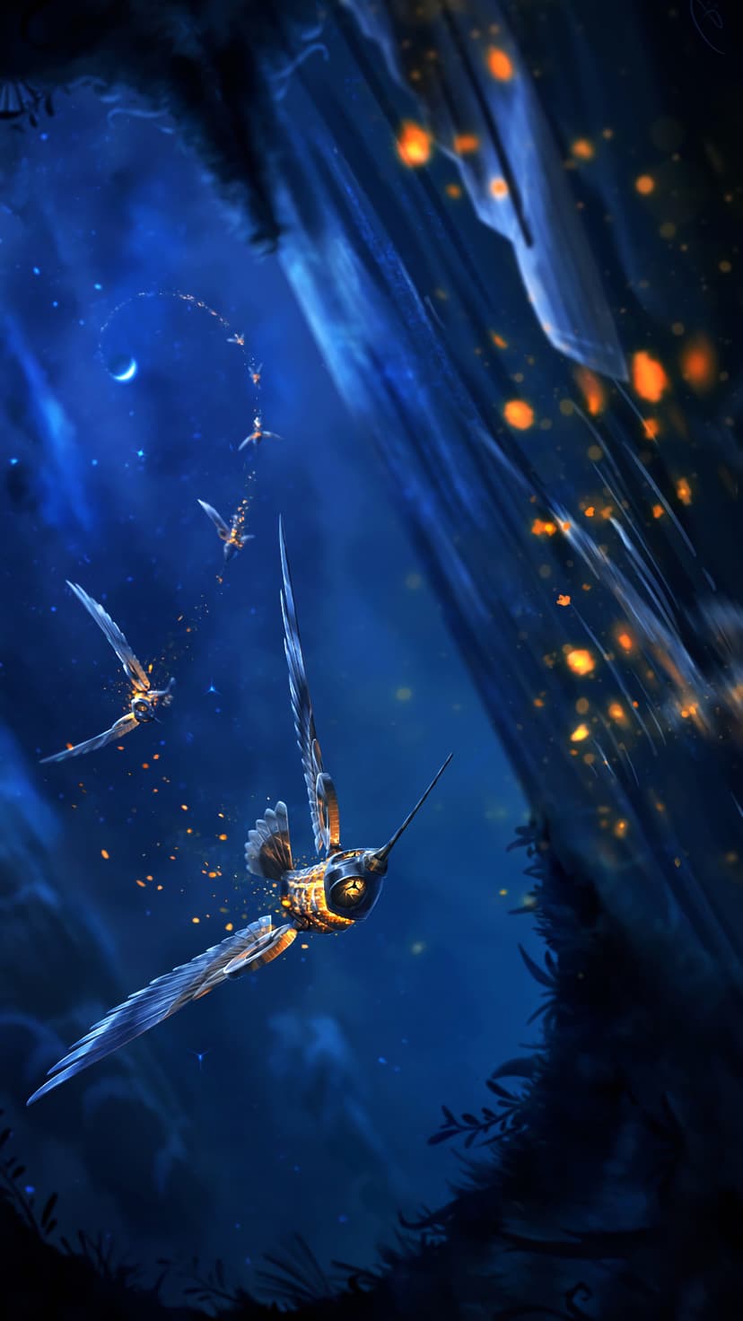 Three mechanical hummingbirds with glowing gold gears fly past a crescent moon in a deep blue starry night sky.