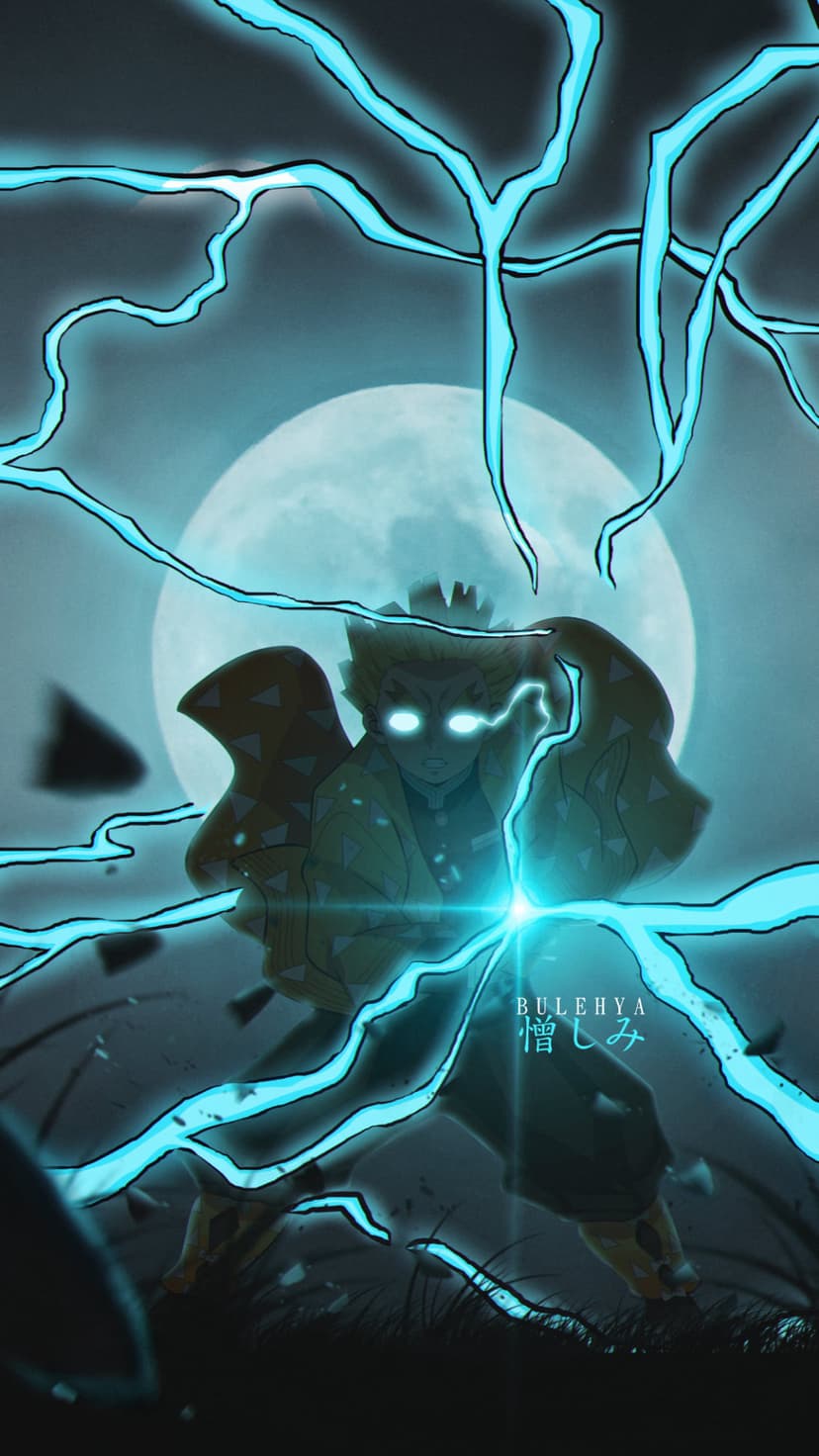 Zenitsu Agatsuma crouches amidst crackling blue lightning bolts with a massive full moon in the dark night sky.