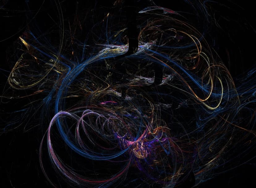 Swirling blue and gold light strands weave through a dark void with glowing fractal patterns and cosmic dust.