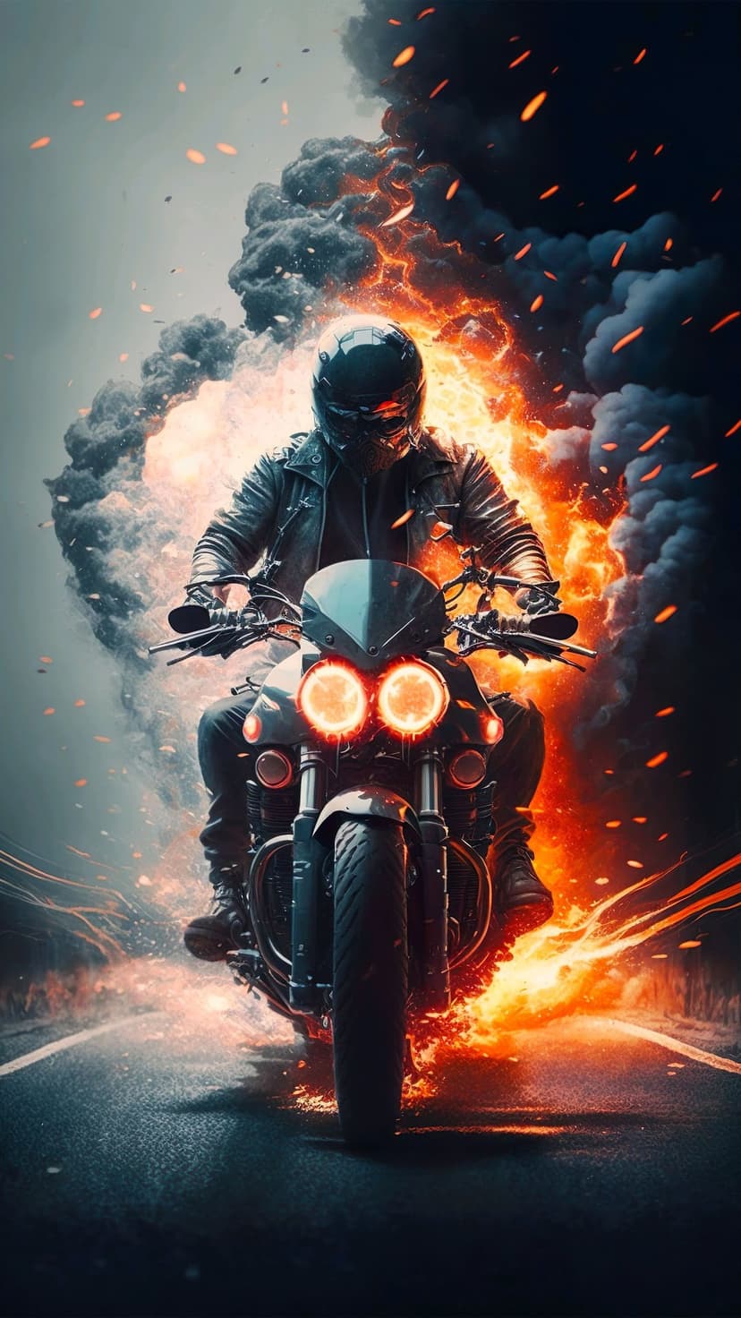 Motorcyclist in a black leather jacket and helmet rides through thick orange fire and gray smoke on a dark road.