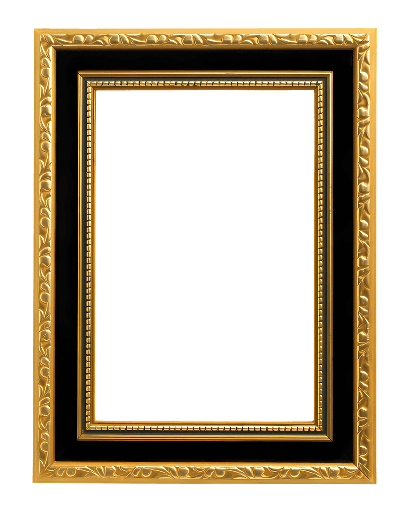 Gold rectangular frame featuring intricate baroque filigree and a polished metallic texture on a clear background.