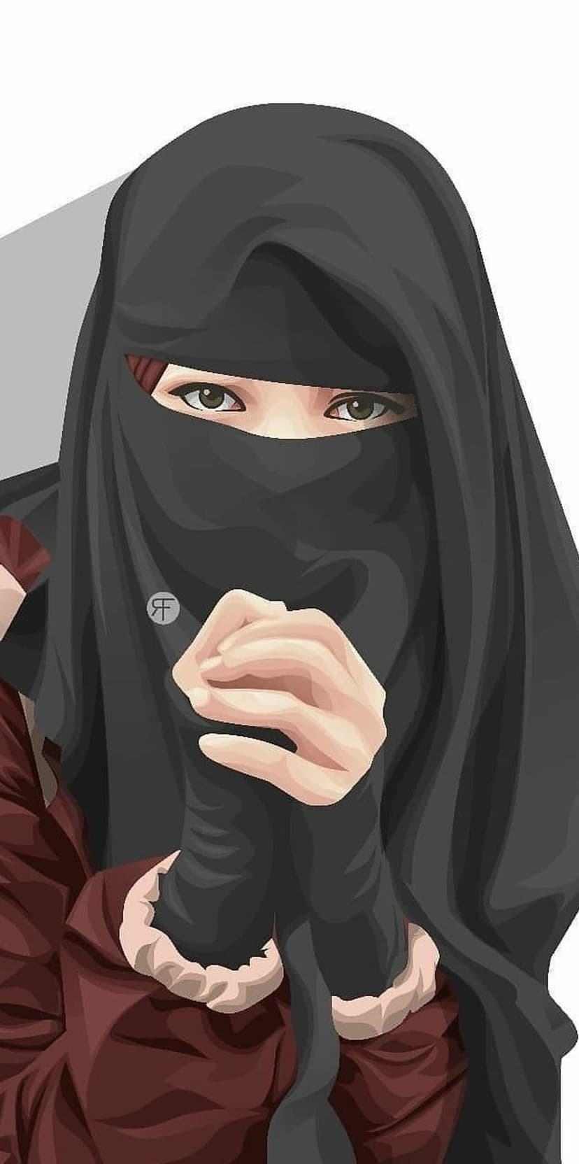 Muslim woman in a black niqab and red fur-collared dress with expressive brown eyes and clasped hands.