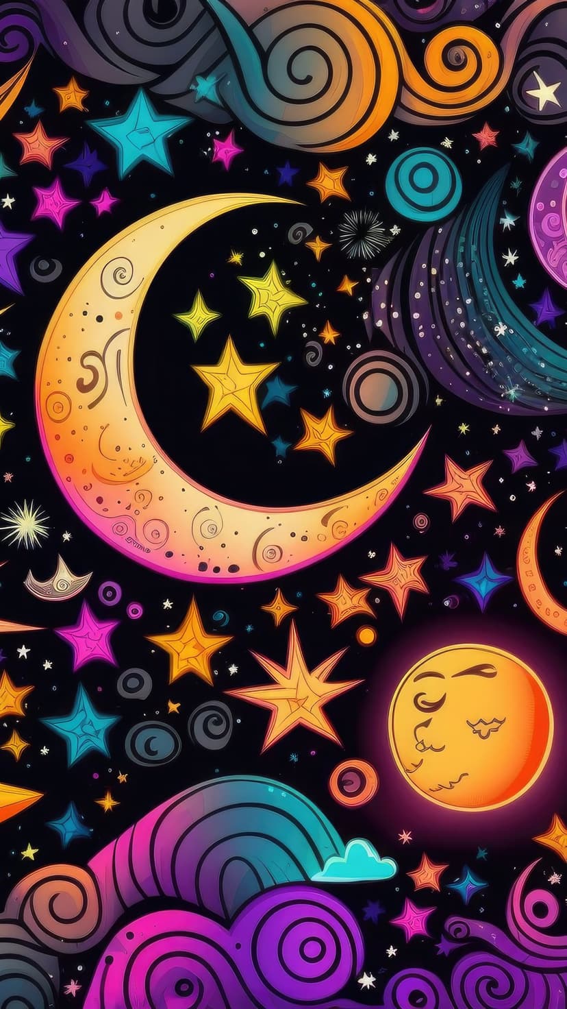 Sleeping sun and crescent moons drift through pink and teal nebula clouds and sparkling stars in a dark sky.