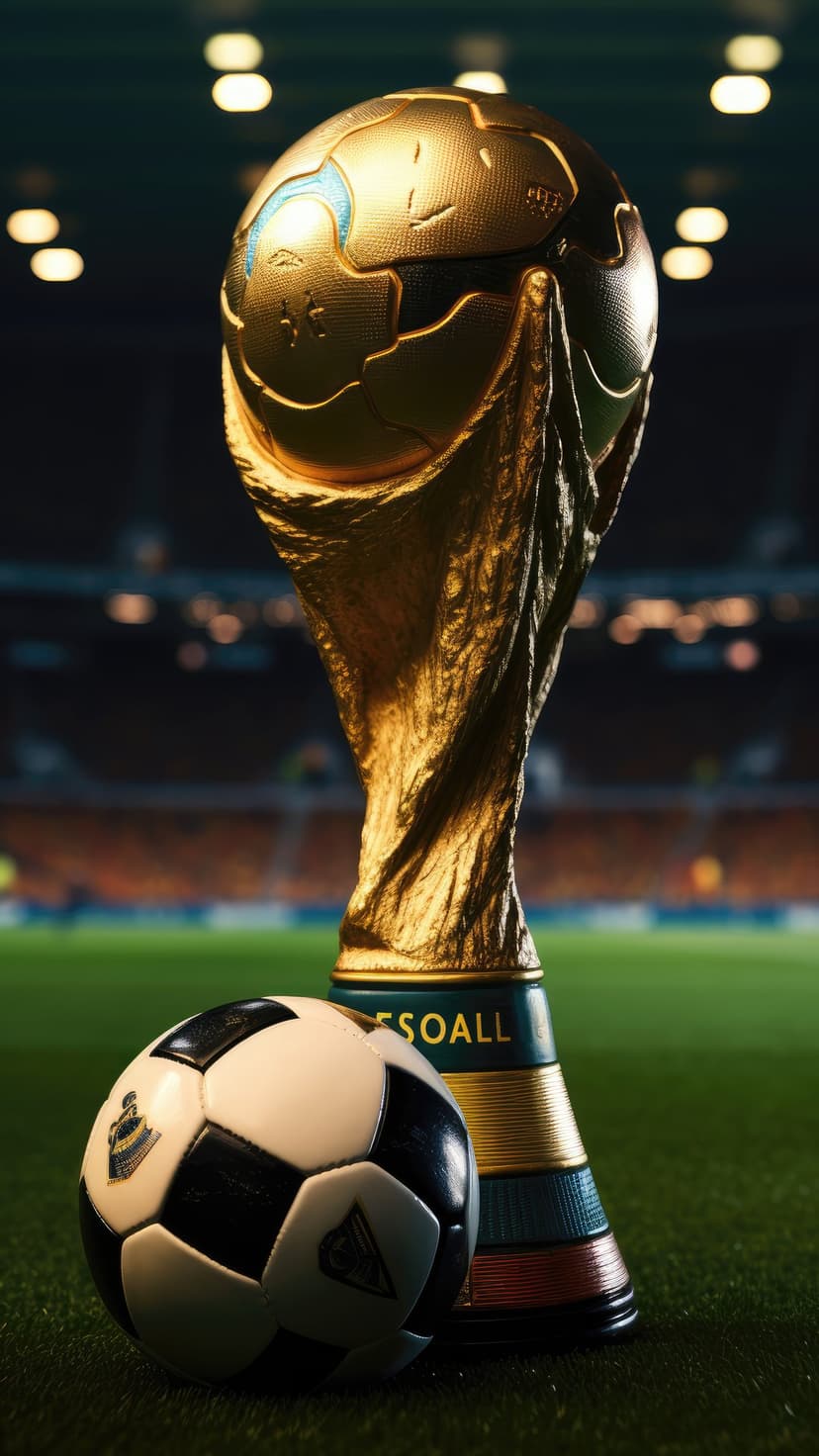 Golden trophy and soccer ball rest on a green grass pitch with blurred stadium seating and bright floodlights.