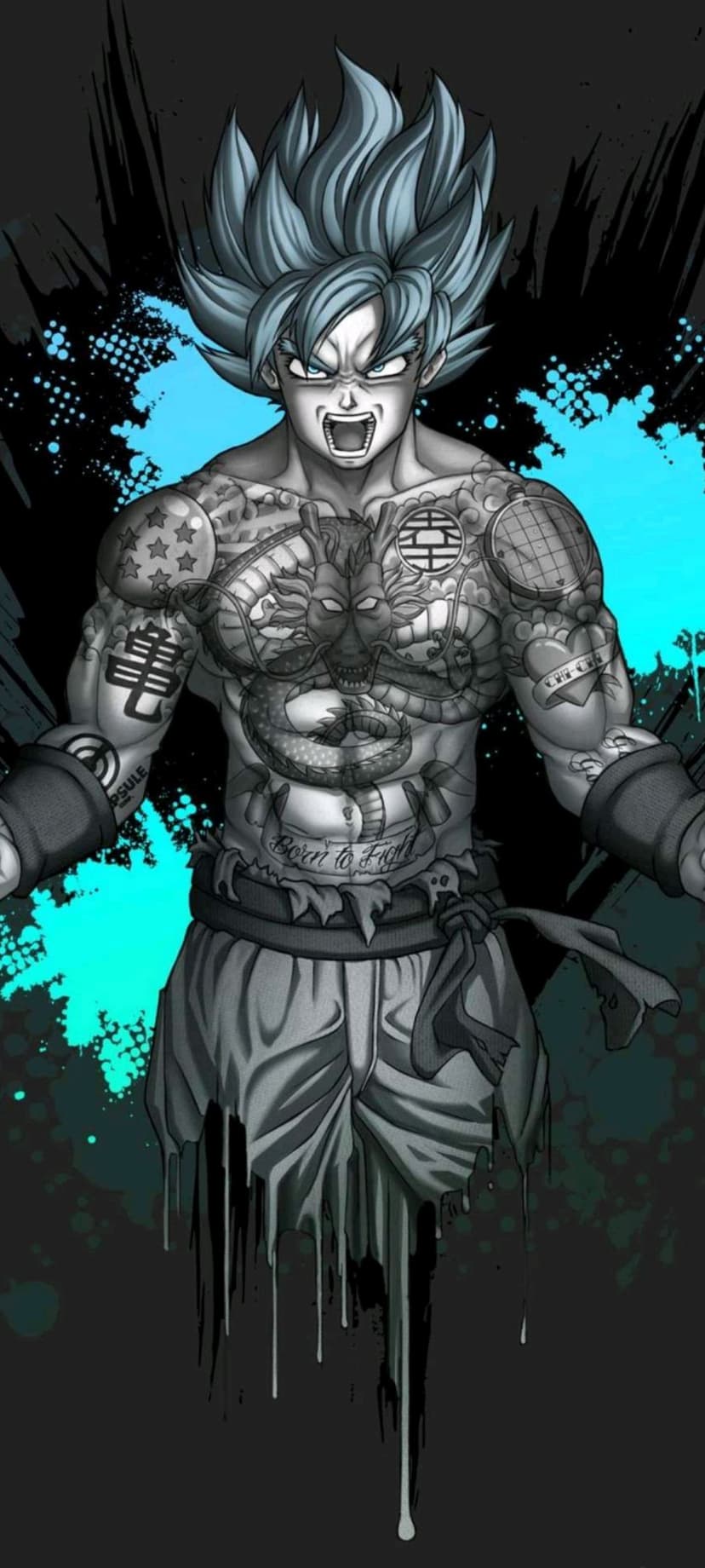 Goku displays dragon and kanji tattoos with blue splatter paint effects against a high-contrast monochrome background.