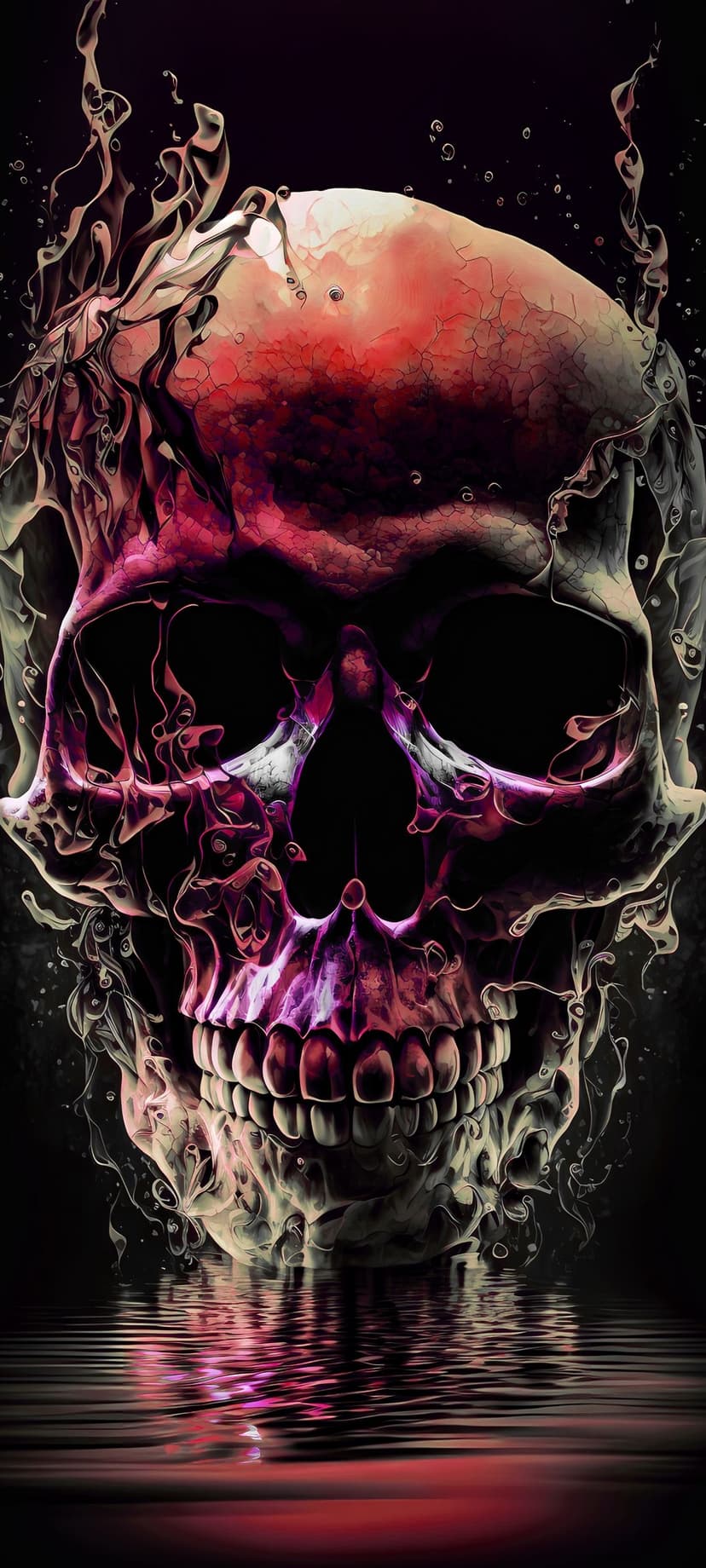 Weathered skull with red and white smoke rising around it, reflected in rippling dark water below.