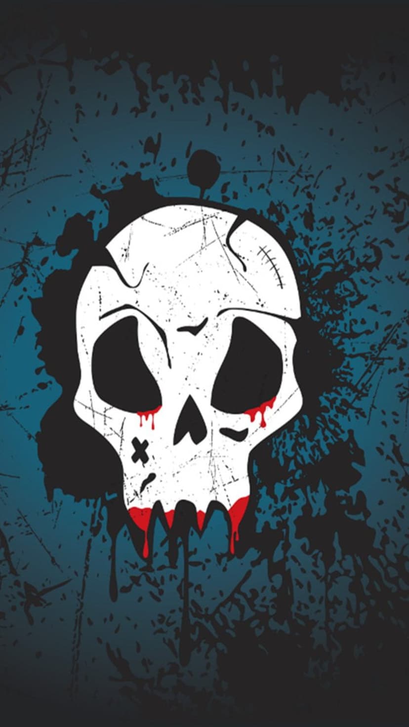 White skull with black eye sockets and dripping red blood against a dark blue and black textured background.
