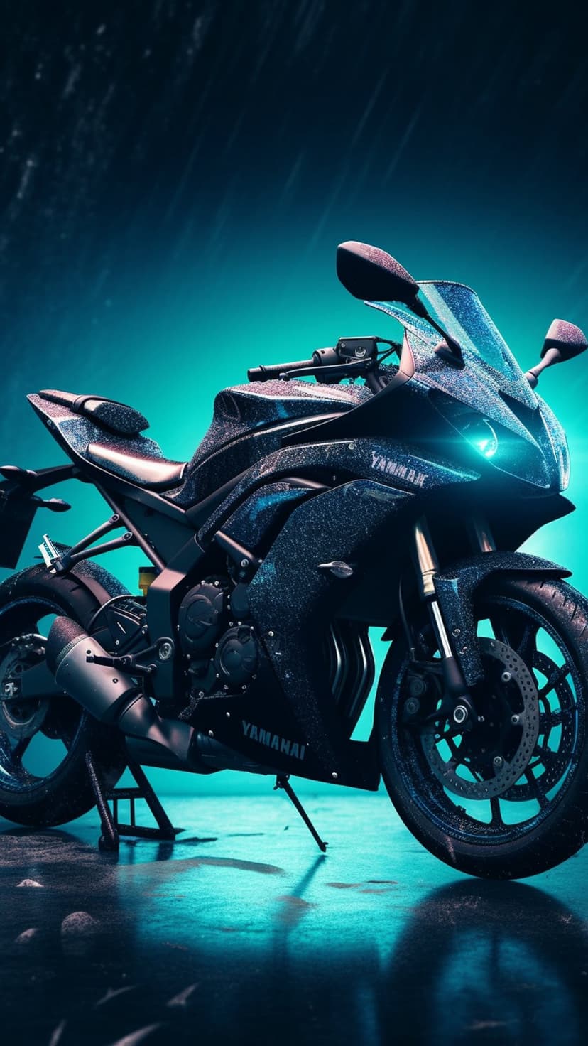 Matte black motorcycle parked on wet pavement under teal lights with glowing blue headlights during a rainstorm.