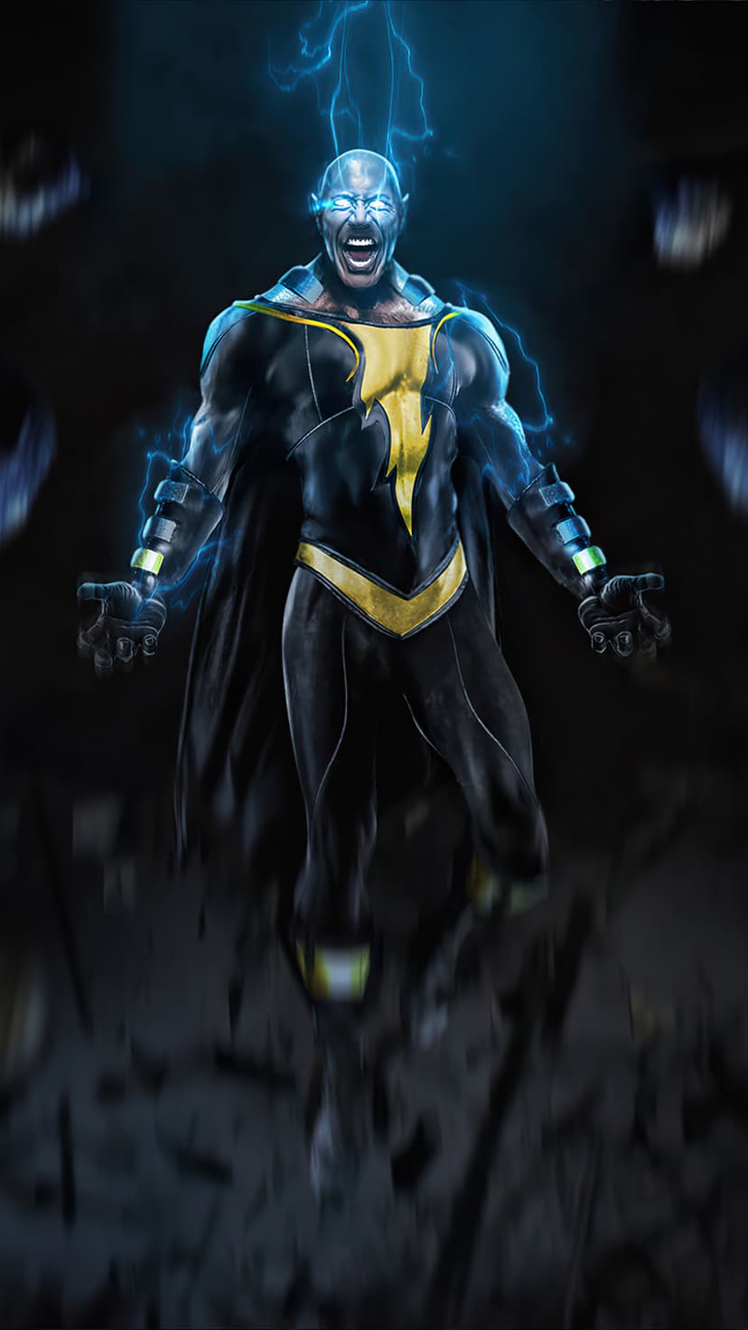 Black Adam with glowing blue eyes and arcing lightning across his hands and head amidst flying stone debris.