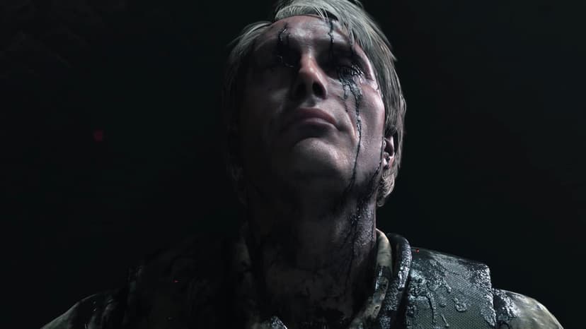 Man looking up with black oil dripping from his eyes wearing tactical gear in a dark, moody setting.