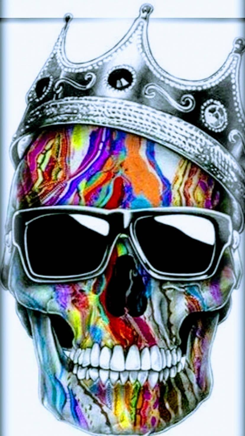 Skull with a gold crown and sunglasses covered in swirling rainbow patterns against a dark background.
